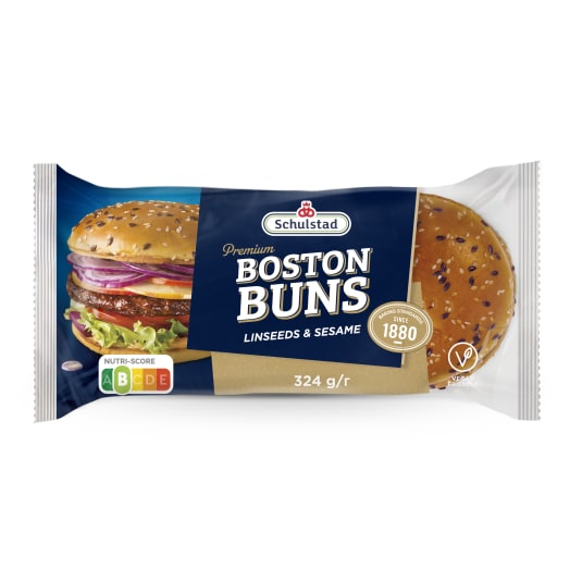 SCHULSTAD Premium BOSTON Bułki pszenne do hamburgerów z sezamem i siemieniem lnianym 4 szt.